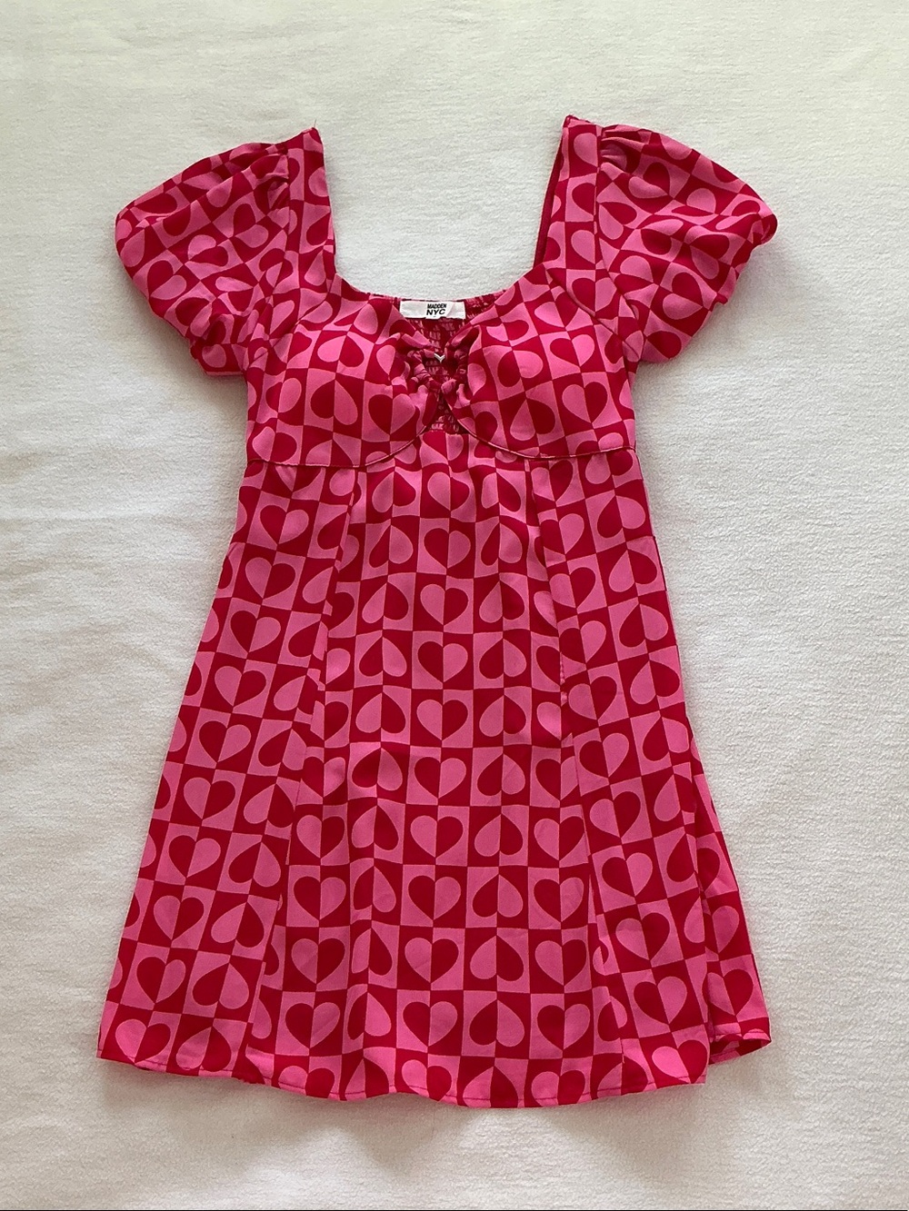 Heart-Print Pink Mini Dress with Square Neck